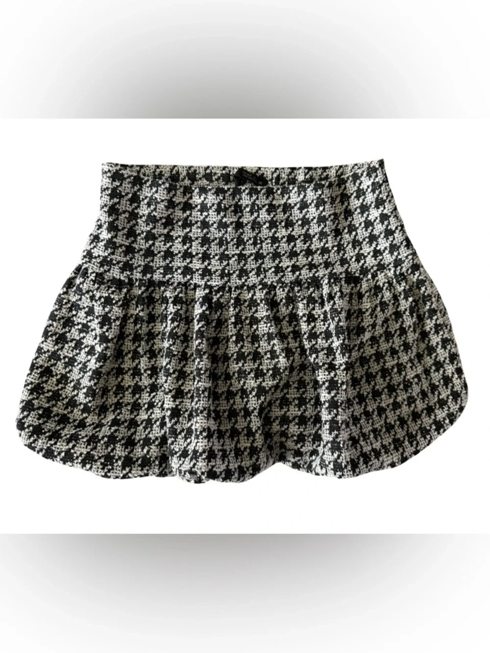 Zara Black White Tweed Bubble Hem Mini Skirt Houndstooth Size S